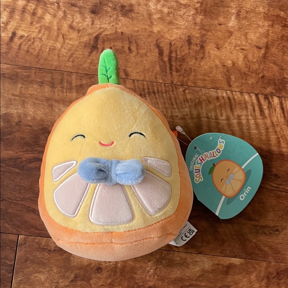 SMALL Squishmallows Yellow and Blue Plush Toy (Orin Orange with Blue Bowtie)